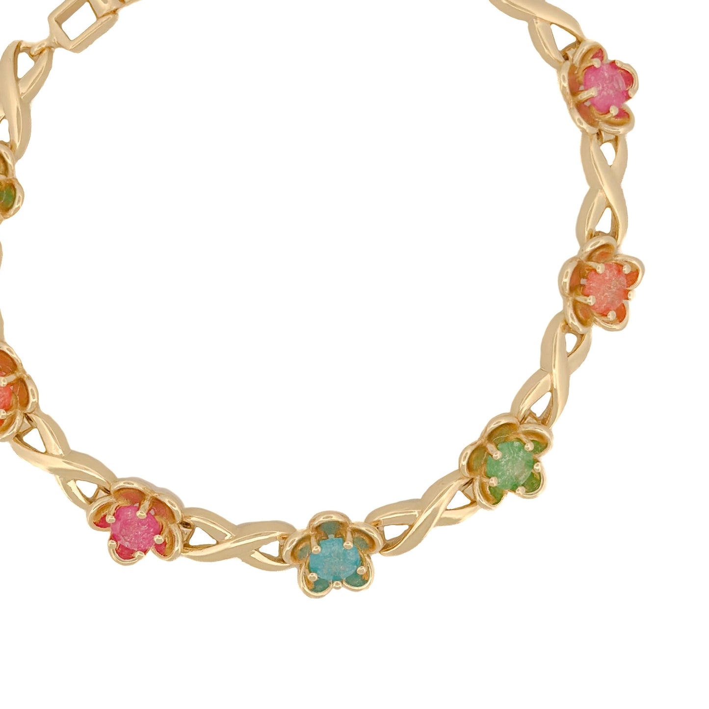 PULSO ORO LAMINADO FLORES CON PIEDRAS DE COLORES