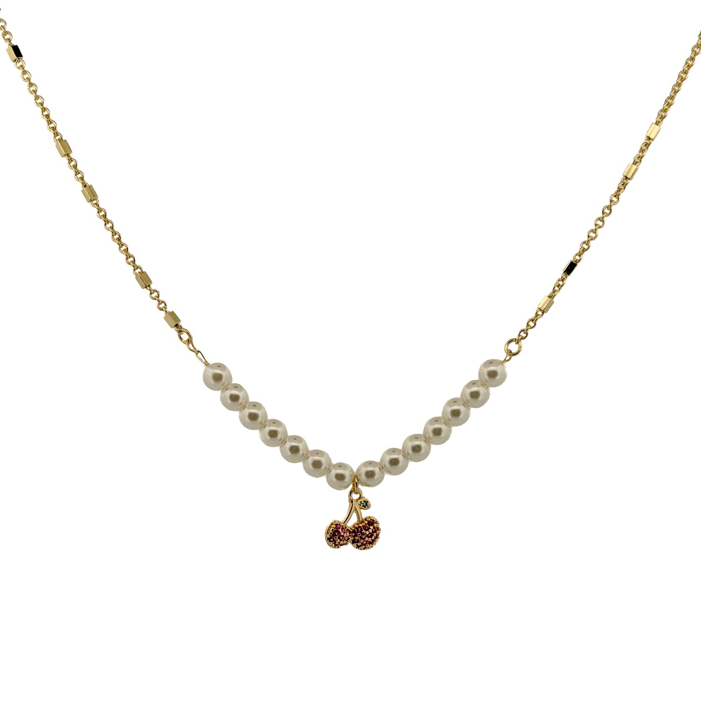 GARGANTILLA ORO LAMINADO PERLAS CON CEREZA ROSA AL CENTRO