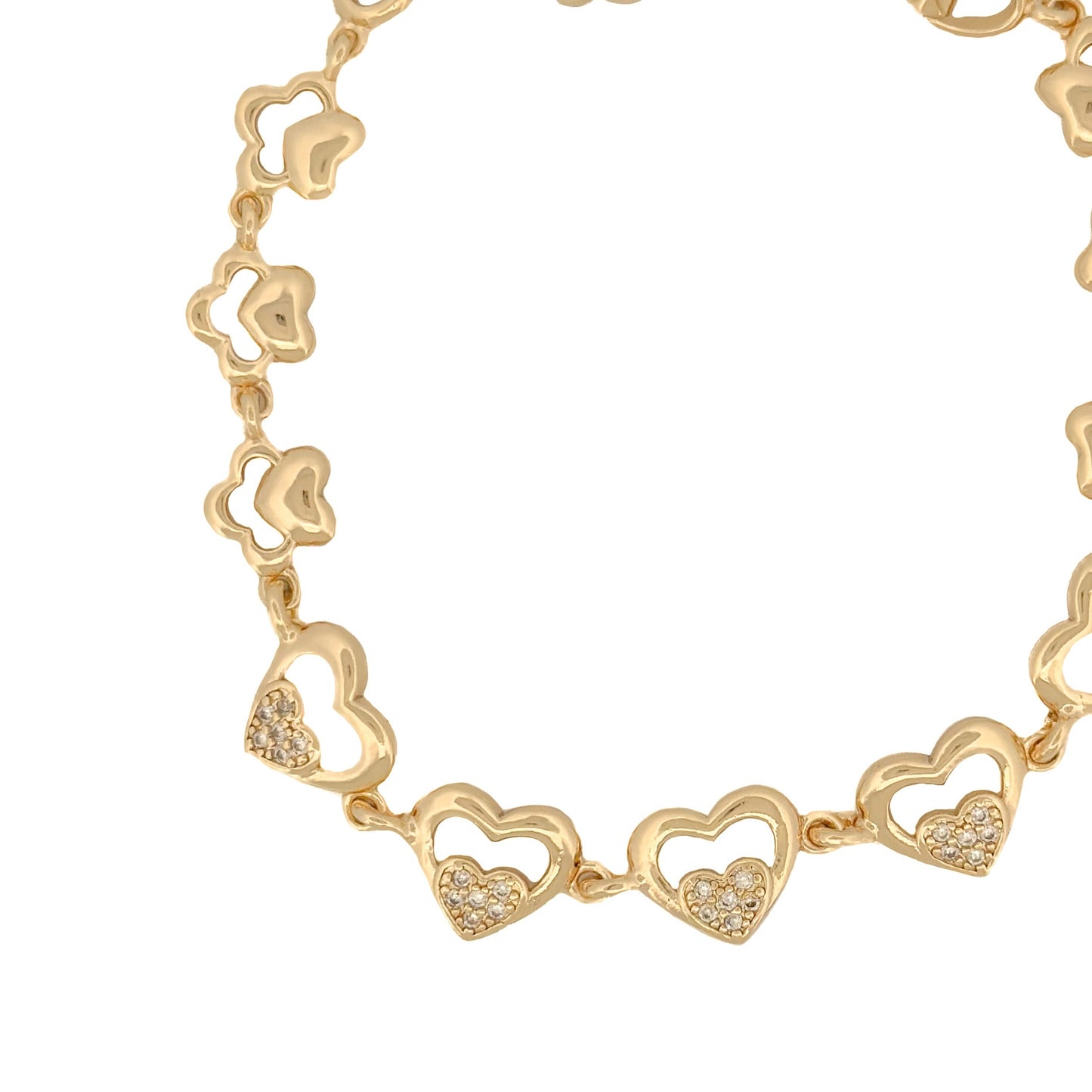 PULSO ORO LAMINADO DOBLE CORAZON CON PIEDRAS BLANCAS