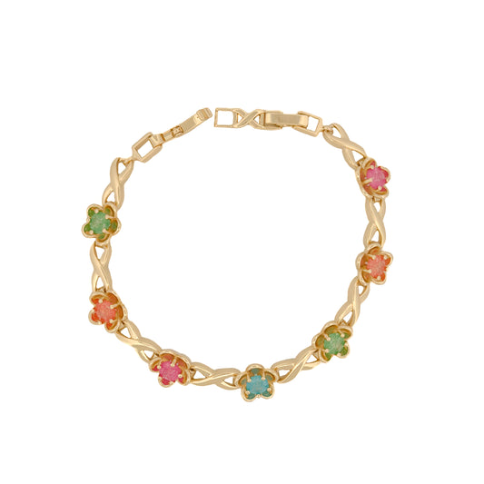 PULSO ORO LAMINADO FLORES CON PIEDRAS DE COLORES