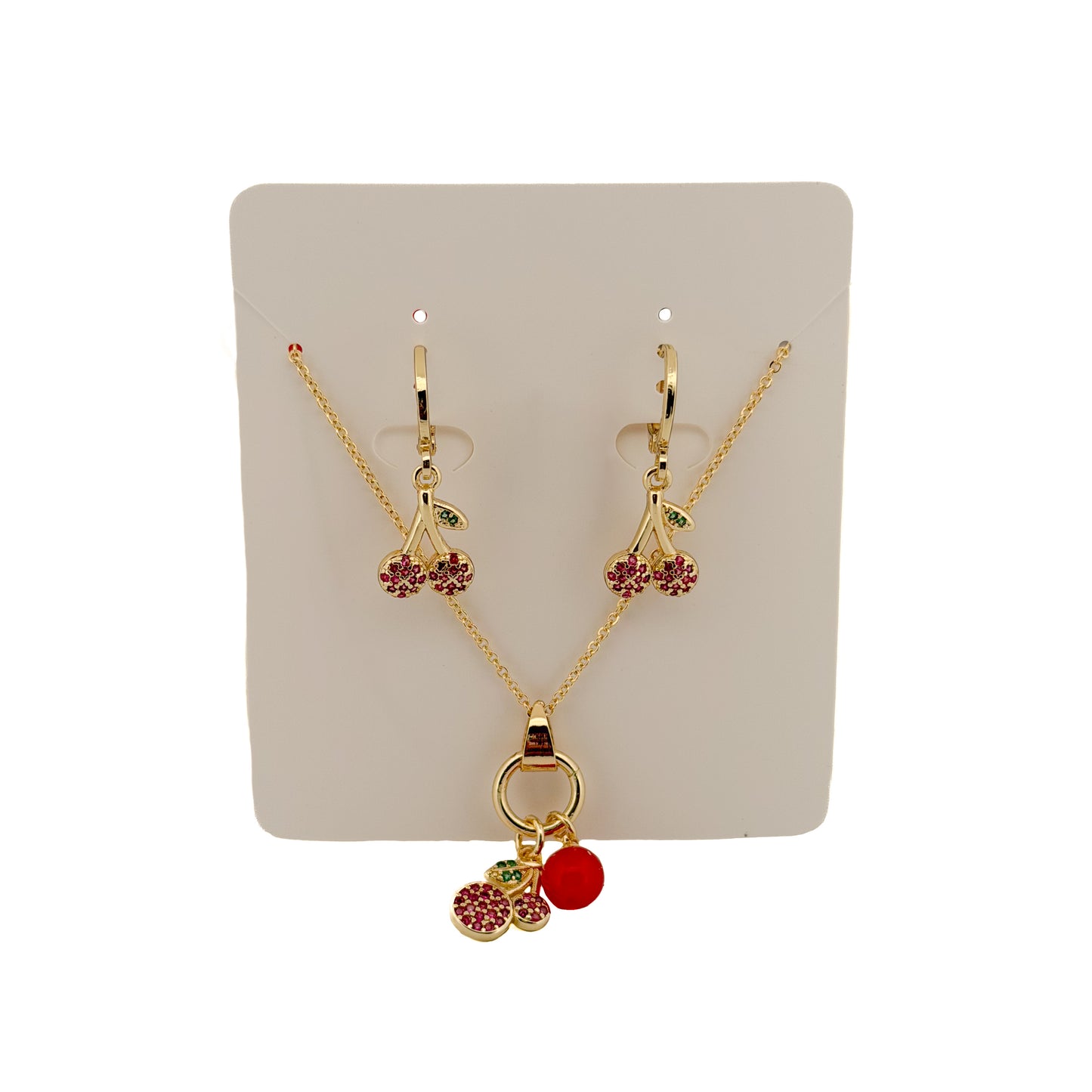 JUEGO ORO LAMINADO CEREZAS CON PIEDRAS ROSAS Y ROJAS