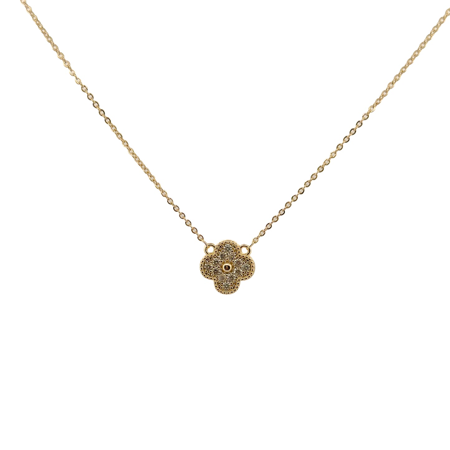 JUEGO ORO LAMINADO TREBOL CON PIEDRAS BLANCAS