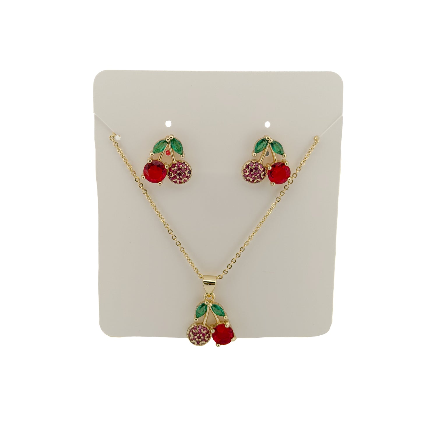 JUEGO ORO LAMINADO CEREZAS CON PIEDRA ROSA Y ROJA