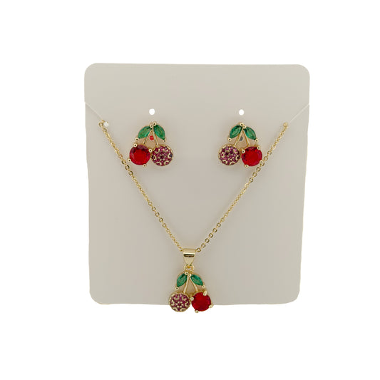 JUEGO ORO LAMINADO CEREZAS CON PIEDRA ROSA Y ROJA