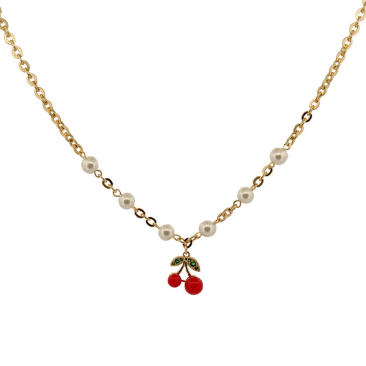 GARGANTILLA ORO LAMINADO PERLAS CON CEREZA ROJA AL CENTRO