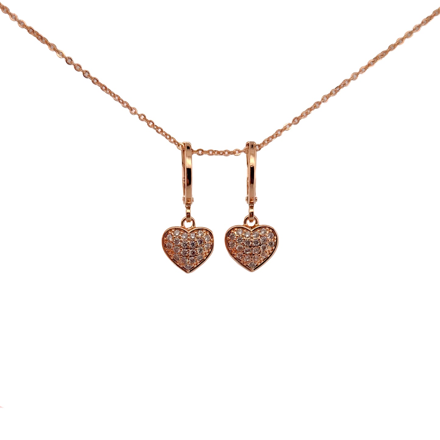 JUEGO ORO LAMINADO 18K CORAZON CON PIEDRAS BLANCAS