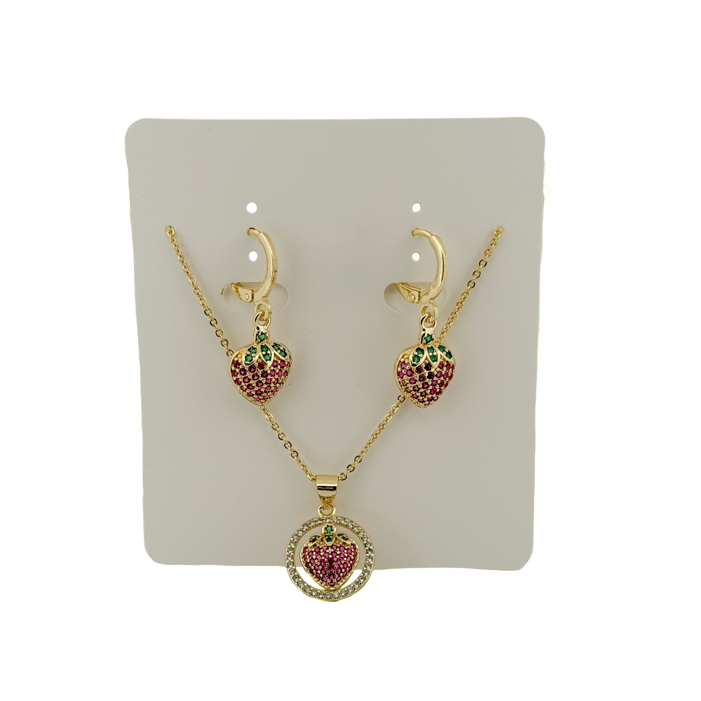 JUEGO ORO LAMINADO FRESAS CON PIEDRAS ROSAS