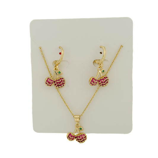 JUEGO ORO LAMINADO CEREZAS CON PIEDRAS ROSAS