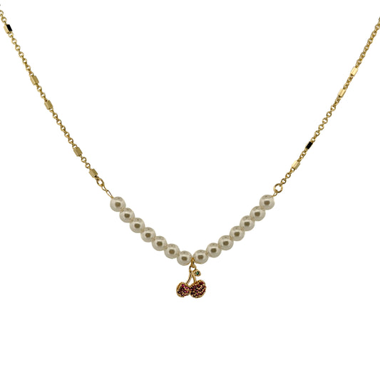 GARGANTILLA ORO LAMINADO PERLAS CON CEREZA ROSA AL CENTRO