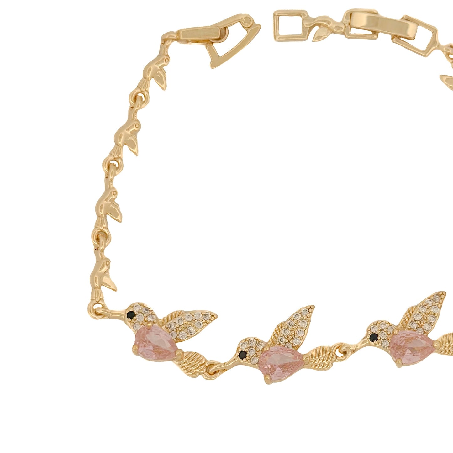 PULSO ORO LAMINADO COLIBRÍ CON PIEDRA ROSA