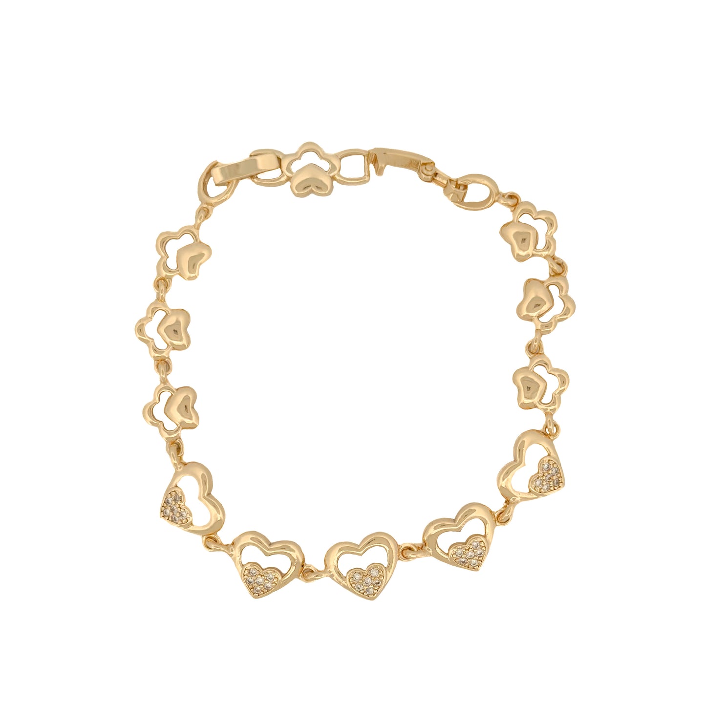 PULSO ORO LAMINADO DOBLE CORAZON CON PIEDRAS BLANCAS