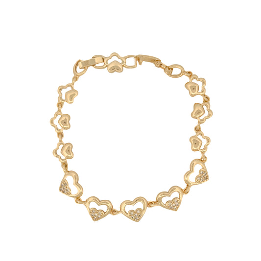 PULSO ORO LAMINADO DOBLE CORAZON CON PIEDRAS BLANCAS