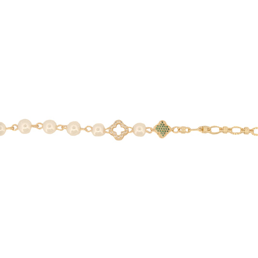 PULSO ORO LAMINADO PERLAS CON TRÉBOLES