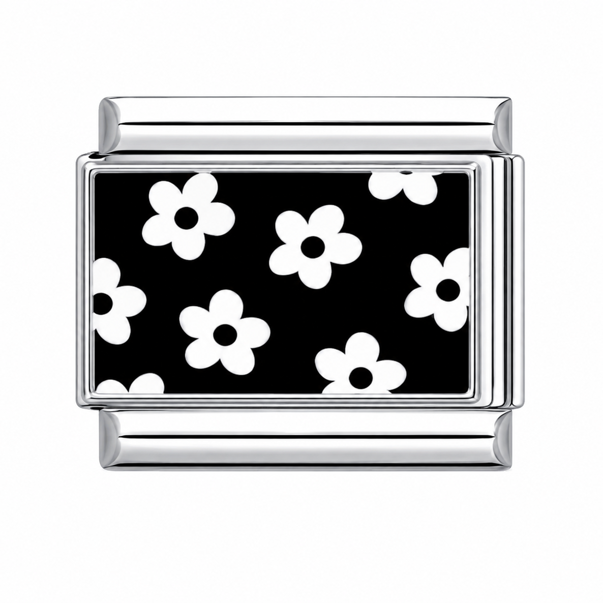 CHARM ACERO INOXIDABLE FLORES BLANCAS FONDO NEGRO