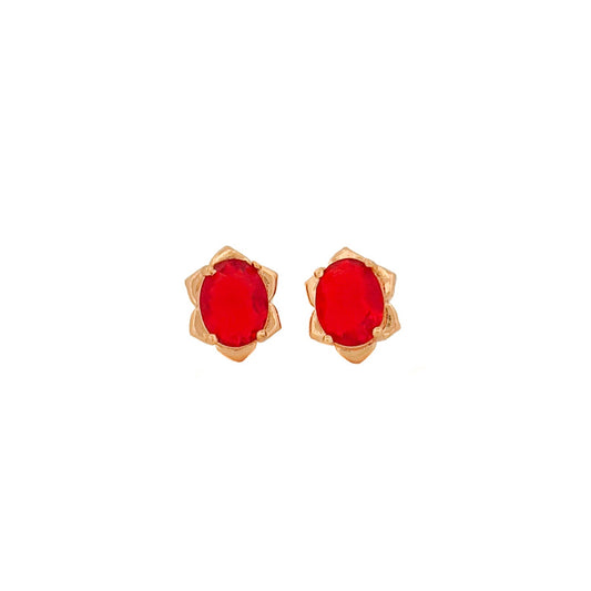 ARETE ORO LAMINADO PIEDRA OVALADA ROJA CON PETALOS 18k