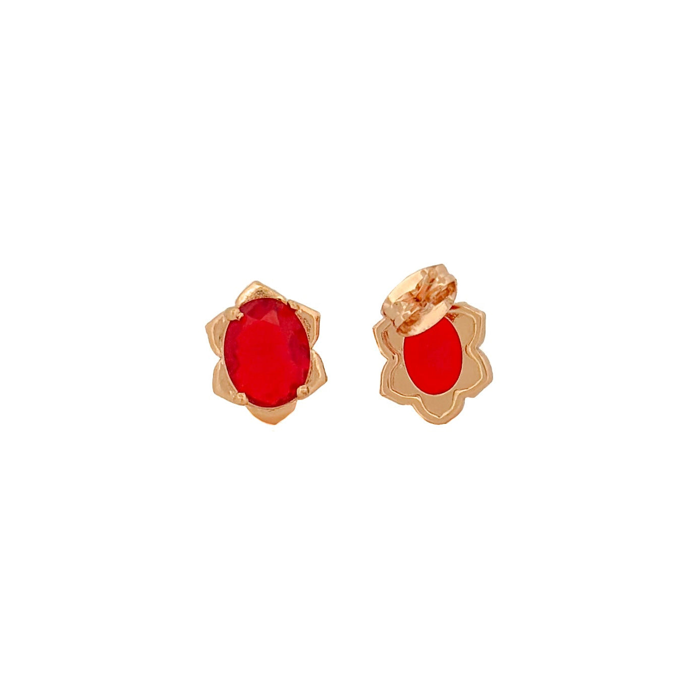 ARETE ORO LAMINADO PIEDRA OVALADA ROJA CON PETALOS 18k