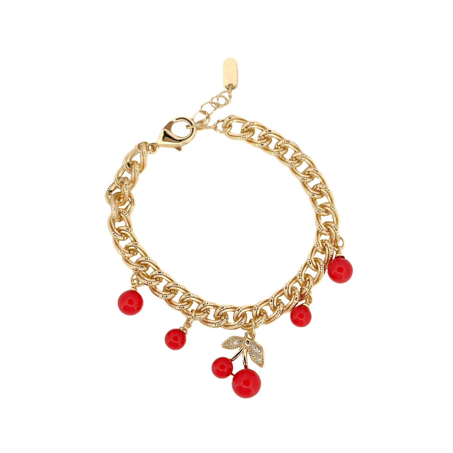PULSO ORO LAMINADO CEREZAS ROJAS COLGANTES