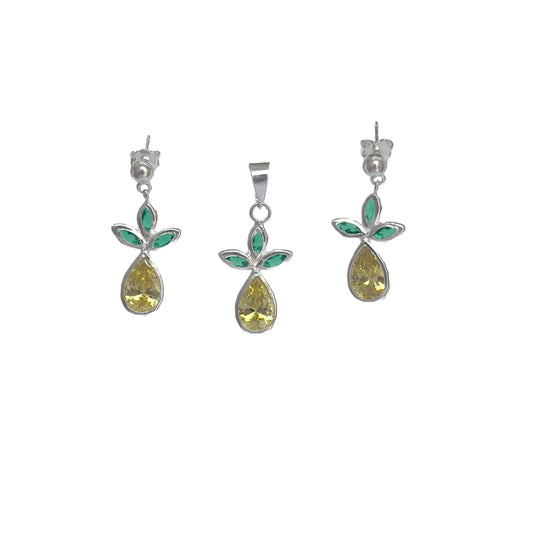 JUEGO PLATA .925 PIÑAS PIEDRA AMARILLA