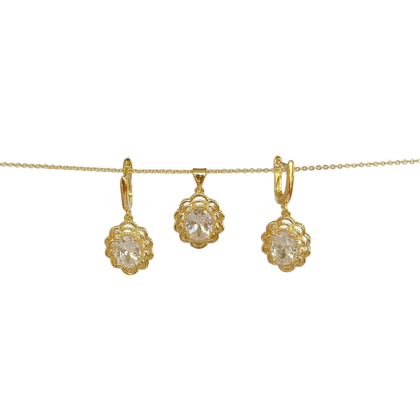 JUEGO ORO LAMINADO PIEDRA BLANCA OVALOS