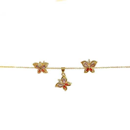 JUEGO ORO LAMINADO MARIPOSAS PIEDRAS DE COLORES