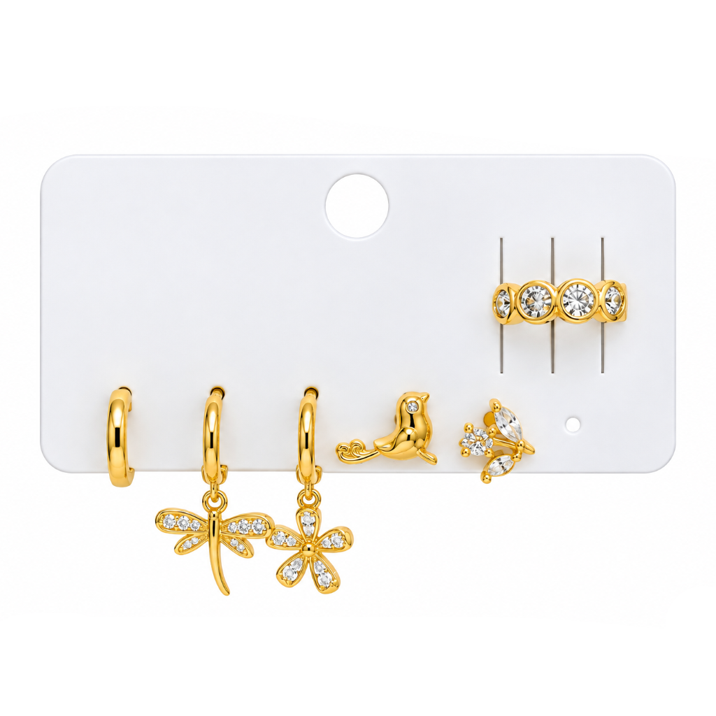 SET DE HUGGIES ORO LAMINADO LIBELULA Y FLOR